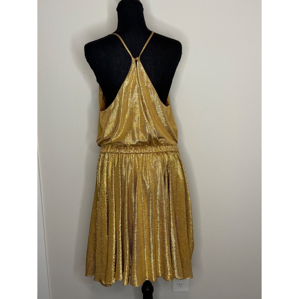Halston Heritage Gold Metallic Pleated Halter Mini Dress Large Disco Cocktail - Picture 3 of 9